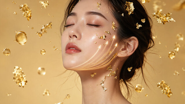 Beautiful Asian woman with 24k gold leaf skin lifting anti aging treatment