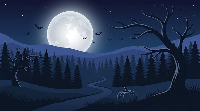 A spooky dark forest landscape featuring a glowing full moon and flying bats for a festive halloween night background design