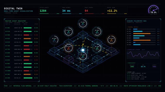 Experience a premium 4K dark-mode real-time asset visualization that showcases a photorealistic industrial facility floor with glowing overlays and live telemetry data.