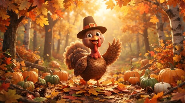 Cute cartoon turkey wearing a pilgrim hat standing in a beautiful autumn forest with pumpkins and colorful fall leaves in the golden sunlight