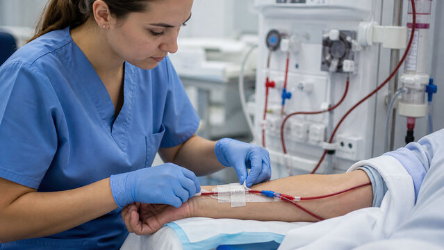 Nurse securing dialysis needle on patient arm during hemodialysis procedure