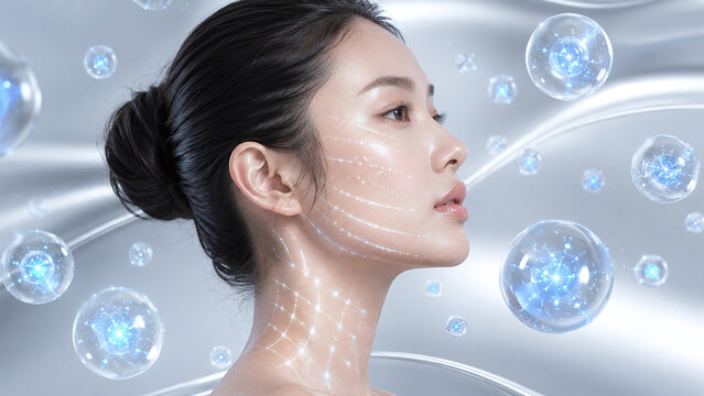 Asian woman profile showcasing advanced exosome skin repair and collagen matrix