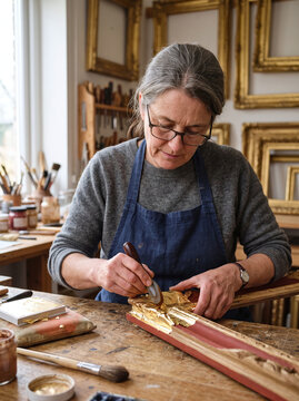 Female artisan burnishing gold leaf on antique frame in restoration workshop
