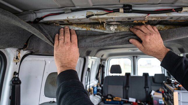 Hands repairing and refitting interior fabric roof headliner in camper van