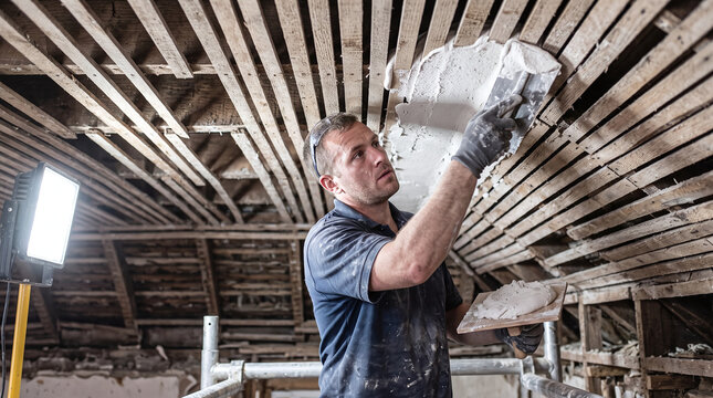 Plasterer applying fresh plaster to old wooden lath ceiling during renovation