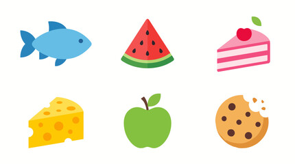 Fototapeta premium Cute flat vector icon set of food items including fish, watermelon, cheese, cake, green apple, and cookie