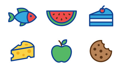 Fototapeta premium Cute flat vector icon set of food items including fish, watermelon, cheese, cake, green apple, and cookie