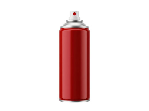 Red spray paint can with metallic nozzle and protective cap against plain transparent background.
