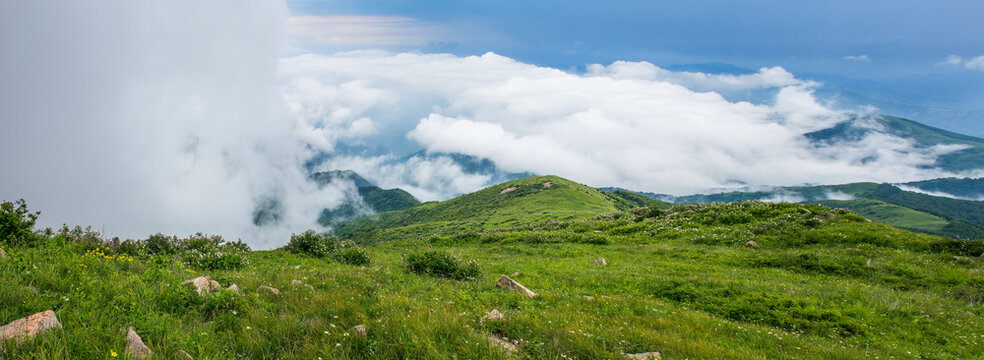 A panoramic view of lush green grasslands on rolling hills, with distant mountains partially covered by soft clouds under a bright blue sky.