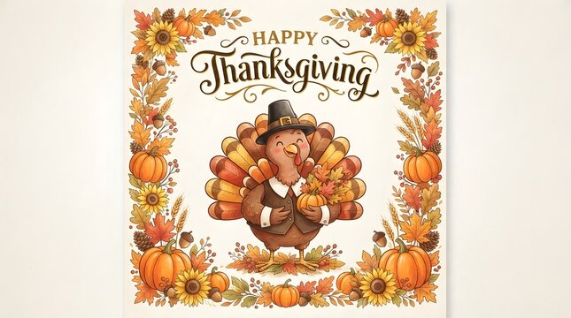 Thanksgiving greeting card design with a cute turkey holding a small pumpkin, surrounded by a floral frame of autumn leaves, sunflowers, and pumpkins