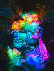 Obraz premium Digital illustration of jewel-toned plastic bottles floating in glowing stream water