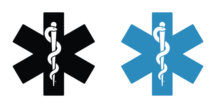 Star of life vector icon emergency medical services EMS symbol with Rod of Asclepius healthcare badge design, hospital, ambulance, rescue, safety, medicine, illustration.