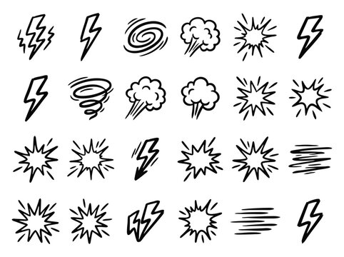 Hand-drawn comic effect icons, 24 black lightning and explosion vector elements, doodle style action symbols for manga and pop art
