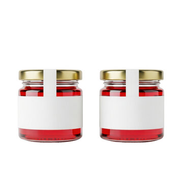 Two glass jars with red jam and blank labels isolated on white background