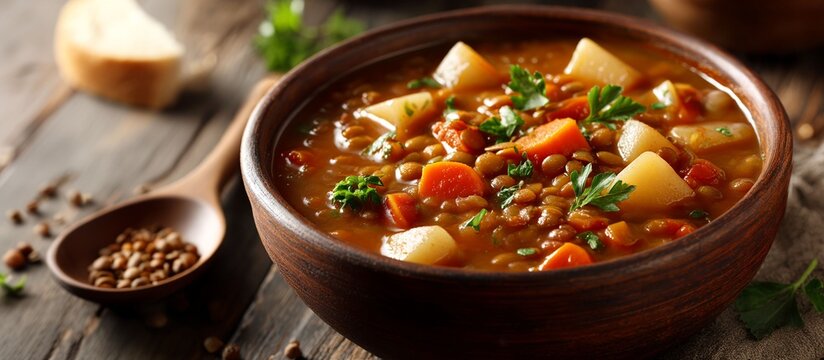Lentil vegetable soup with potatoes and carrots in rustic wooden bowl