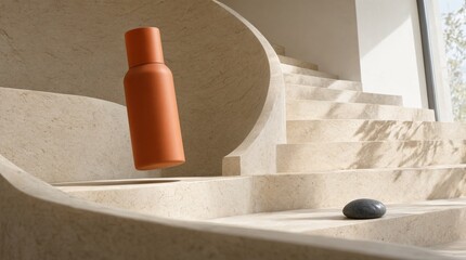 Fototapeta premium An orange matte bottle floats in a minimalist travertine architectural setting.