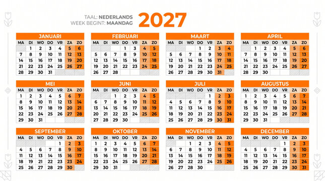 2027 nederlandse kalender met week begin op maandag jaarplanner in oranje en wit voor kantoor organisatie alle maanden januari tot december overzicht op een minimalistisch platte vector sjabloon.