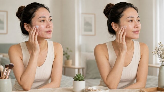 Young asian woman applying face cream showing acne skin on left and clear smooth skin on right side.