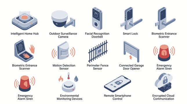 Collection of smart home security and automation devices, presented in a clean isometric illustration style.