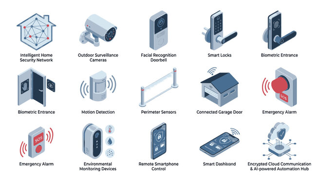 Collection of isometric icons representing smart home security and automation technology.