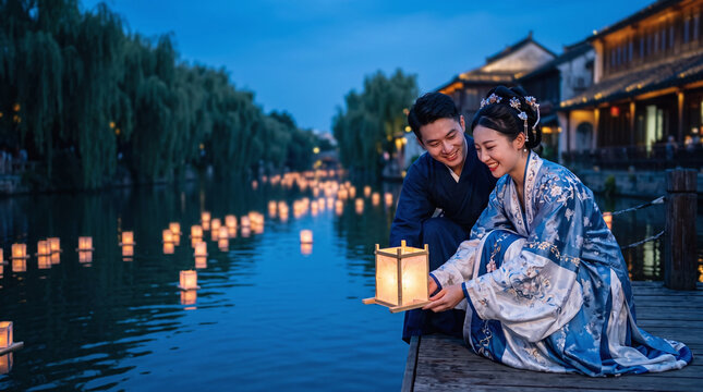 Romantic couple in Hanfu releasing water lantern during Qixi Festival at dusk