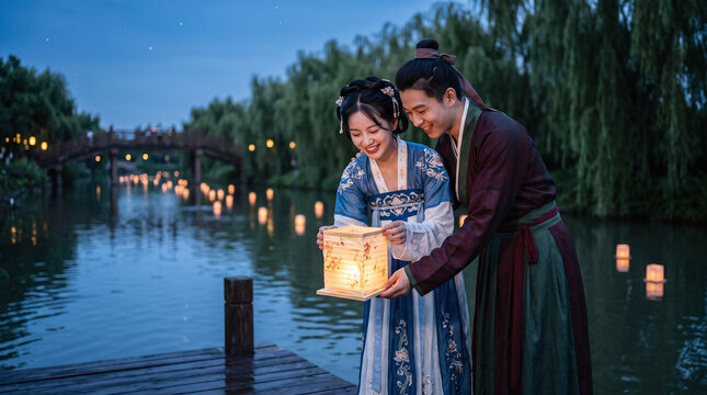 Chinese couple in hanfu releasing paper lantern on river for Qixi Festival