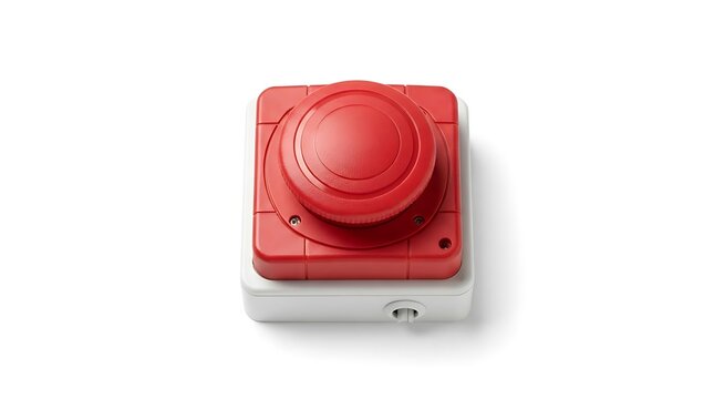 Red and white emergency push button device isolated on a clean white background for safety control systems