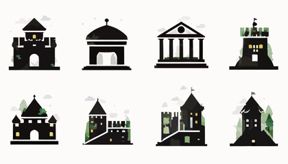 Fototapeta premium Set of Ancient Castle and Medieval Architecture Vector Icons
