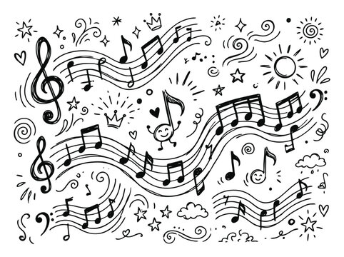 Hand drawn music notes doodle, whimsical musical staff with clef symbols. Sketchy black ink melody background, creative song composition vector.