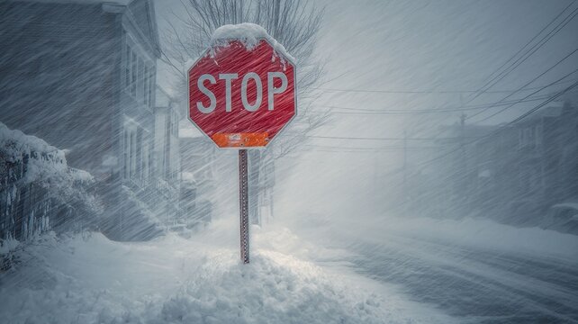 Stop sign on snowy street during heavy winter blizzard in residential area  