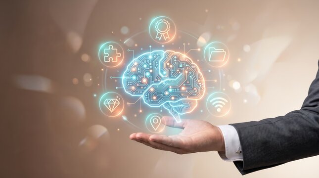 Businessman hand holding holographic digital brain icon, artificial intelligence and machine learning, glowing circuit board pattern inside head shape, surrounding technology