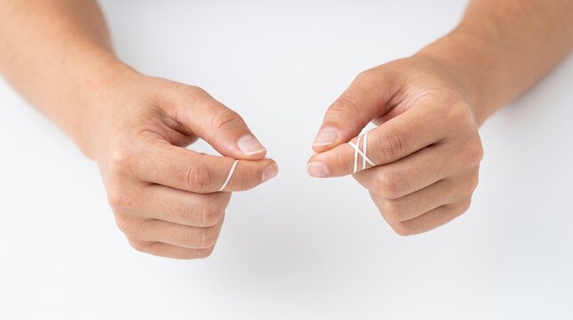 Close up shot of male hands holding dental floss string against isolated white, demonstrating oral hygiene care routine, teeth cleaning, health and wellness lifestyle