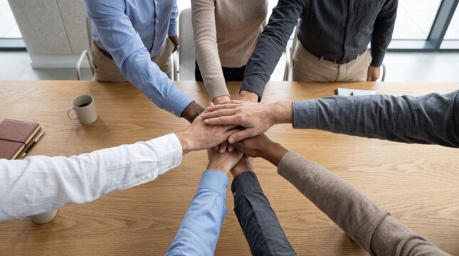 Diverse business team putting hands together in center of wooden conference table during meeting, symbolizing unity, teamwork, collaboration, partnership and solidarity among