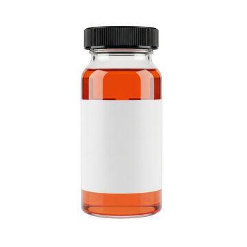 Glass medicine bottle with orange liquid and blank label isolated on white background