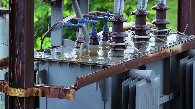 Electrical transformer substation shows wet insulators and rusty metal frame with rainwater dripping down cooling fins, industrial power equipment.