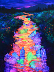Obraz premium Digital painting of neon plastic pollution flowing through mountain landscape at night