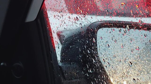 Car side mirror covered in rain drops with red taillight glow reflecting, water droplets on vehicle exterior during rainy evening close up shot.
