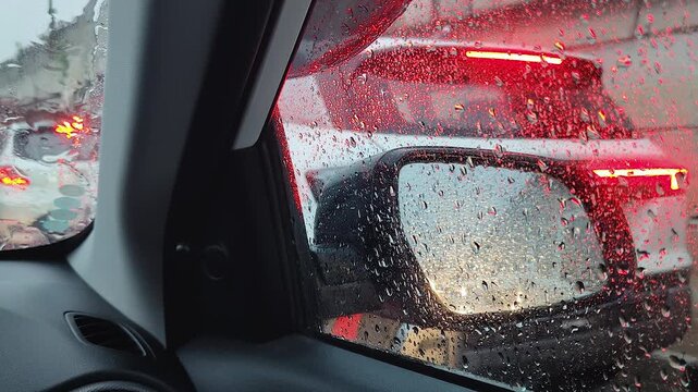 Car window view of rainy traffic with red brake lights reflecting, rain drops on glass and side mirror during commute, rainy day driving scene.