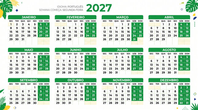 Calend&aacute;rio 2027 completo em portugu&ecirc;s com semana come&ccedil;ando na segunda feira design verde minimalista e elementos tropicais folhagem doze meses planejamento anual organizacional corporativo limpo