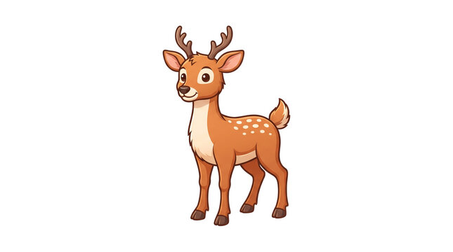 Cute cartoon deer illustration, friendly forest fawn with antlers, brown spotted buck character on white background