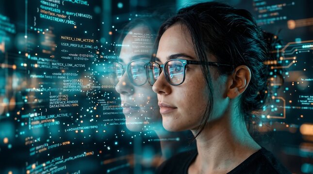 Young woman wearing glasses looking at floating digital network nodes and complex data structure in virtual space
