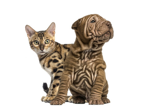 Adorable shar pei puppy and bengal kitten friendship