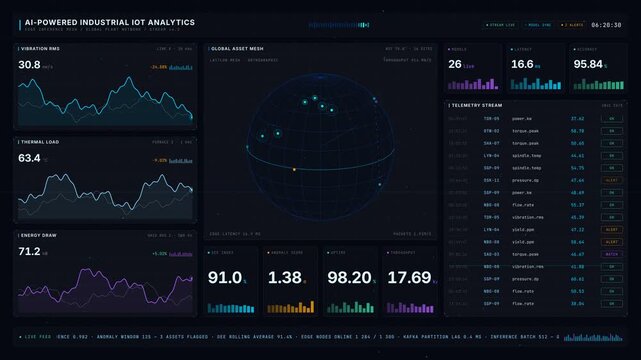 Explore an immersive 4K cinematic dashboard featuring AI-powered industrial IoT analytics with stunning visual elements and real-time data streaming in a dark mode interface.