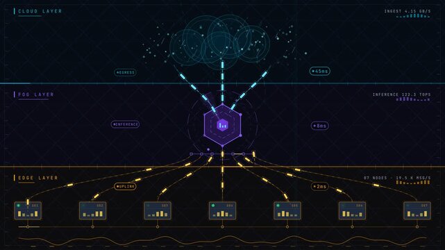 Visual representation of Edge AI industrial monitoring with layered architecture, compact sensors, and dynamic data packet animations in a dark and colorful environment.