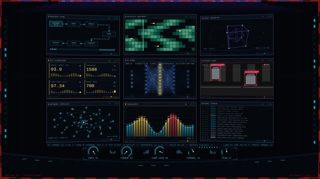 An expansive and immersive 4K industrial AI command center with a curved monitor grid displaying diverse data types and a central AI brain visualization in deep space ambiance.