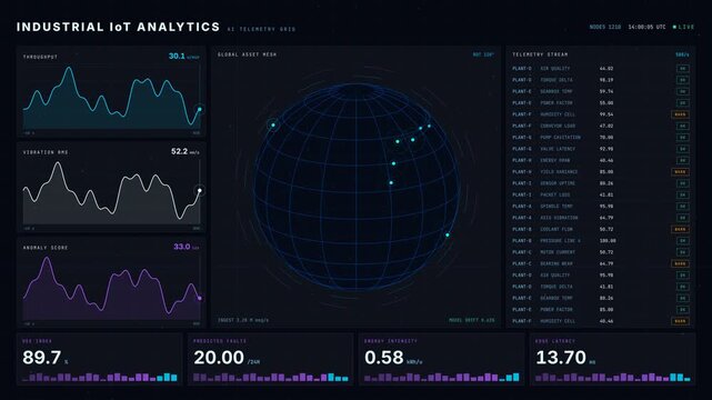 Experience a cinematic 4K dark-mode dashboard showcasing AI-powered industrial IoT analytics with dynamic data visualizations and stunning glassmorphism elements.