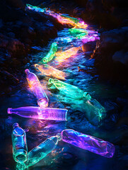 Obraz premium Digital illustration of colorful plastic bottles scattered in rocky mountain stream
