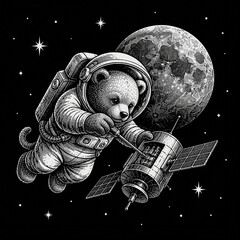 Bear Astronaut Repairing Satellite in Space, Vintage Engraving Style Illustration with Moon © rumahlebah