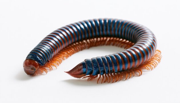 Giant blue and orange millipede curled in a c shape on white surface
