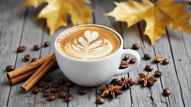 coffee cup with steam stands wooden cafe table with fallen leaf at autumn day